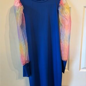 Blue Dress with Colorful Sheer Sleeves